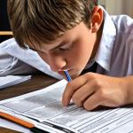 **Image Prompt:** A focused student meticulously analyzing past exam papers, highlighting key areas and identifying recurring themes. The scene emphasizes strategic learning, reflecting concepts like "Analyzing Past Papers" and "Identifying Weaknesses."