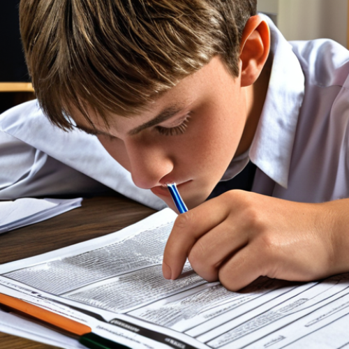 Home 4 **Image Prompt:** A focused student meticulously analyzing past exam papers, highlighting key areas and identifying recurring themes. The scene emphasizes strategic learning, reflecting concepts like "Analyzing Past Papers" and "Identifying Weaknesses."