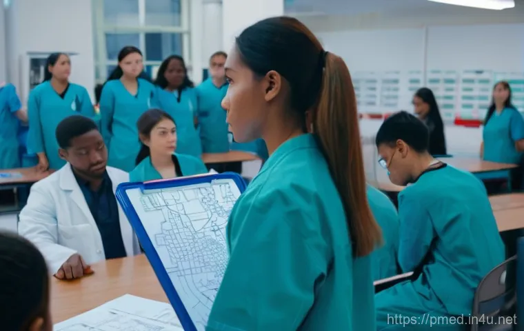 예방의학 교육과 실습의 차이점 - **Image Prompt 1: The Labyrinth of Real-World Preventive Medicine**
A bright, clean classroom se...