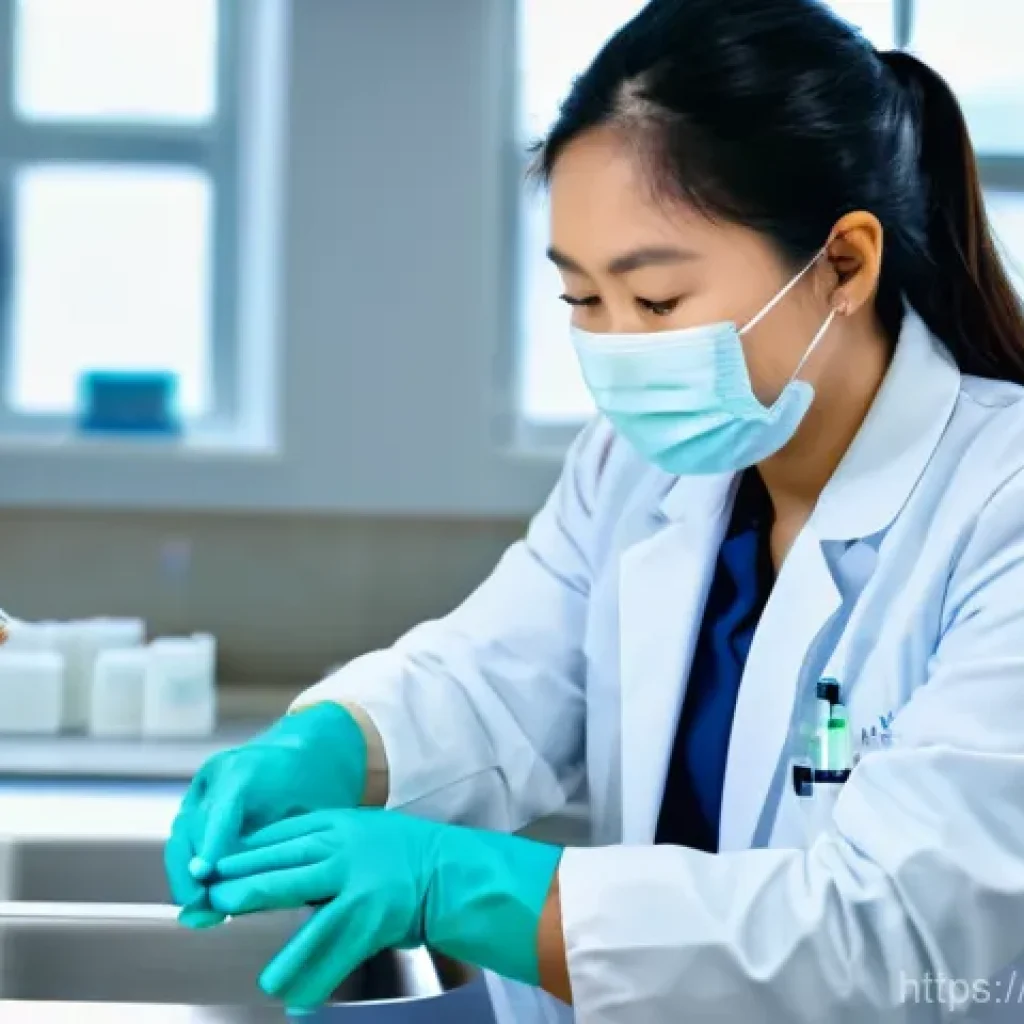 예방의학 실기 시험 준비 요령 - A focused young Asian female medical student in a bright, modern simulation lab, wearing a clean, wh...