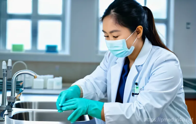 예방의학 실기 시험 준비 요령 - A focused young Asian female medical student in a bright, modern simulation lab, wearing a clean, wh...