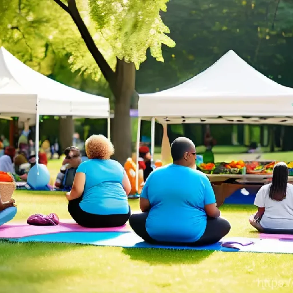 예방의학 관련 NGO 활동 사례 - A vibrant community health fair in a sunny park, with a diverse group of adults and children of vari...