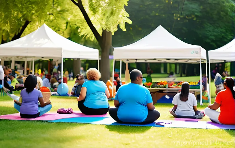 예방의학 관련 NGO 활동 사례 - A vibrant community health fair in a sunny park, with a diverse group of adults and children of vari...