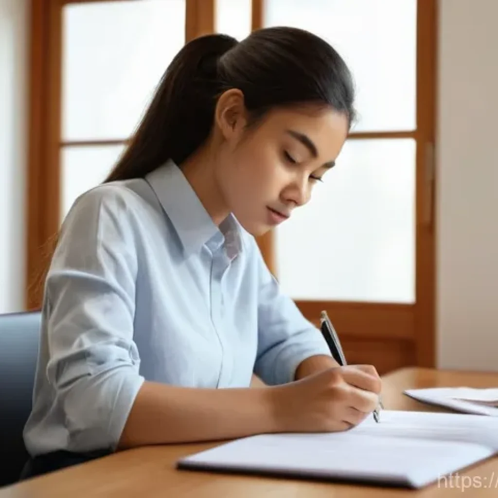 예방의학 실기 시험 기출 문제 - A focused young woman, dressed in smart casual attire, sits at a clean wooden desk in a well-lit stu...