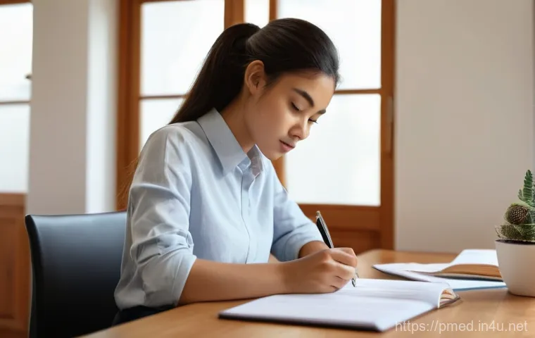 예방의학 실기 시험 기출 문제 - A focused young woman, dressed in smart casual attire, sits at a clean wooden desk in a well-lit stu...