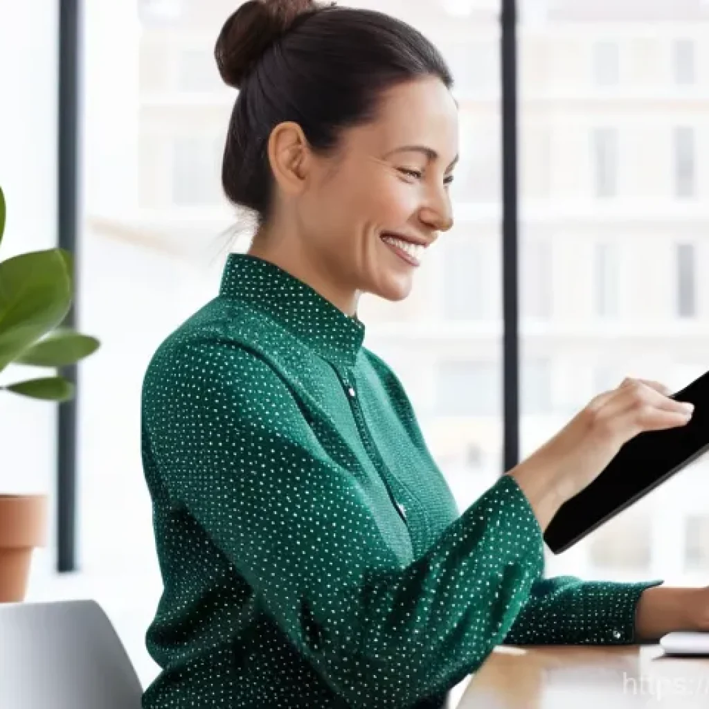 예방의학 세미나 준비 체크리스트 - A cheerful woman in her late 30s sits at a bright, modern desk, actively reviewing a digital health ...