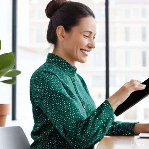 Home 25 예방의학 세미나 준비 체크리스트 - A cheerful woman in her late 30s sits at a bright, modern desk, actively reviewing a digital health ...