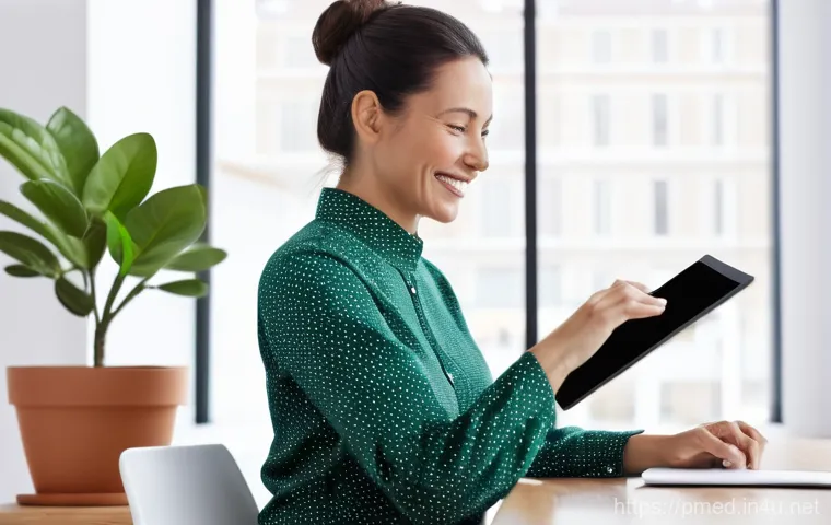 예방의학 세미나 준비 체크리스트 - A cheerful woman in her late 30s sits at a bright, modern desk, actively reviewing a digital health ...